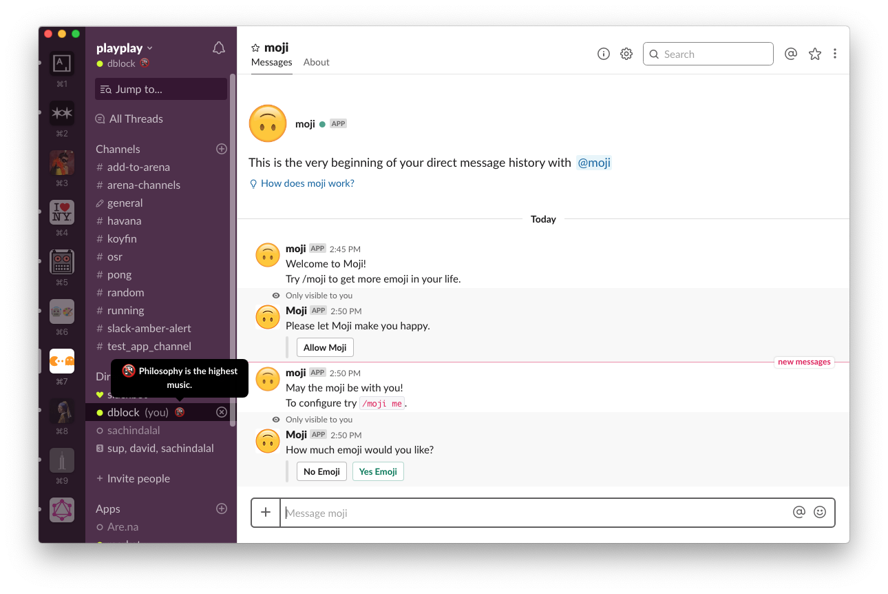 Moji authorizing a Slack profile and offering Yes Emoji and No Emoji controls